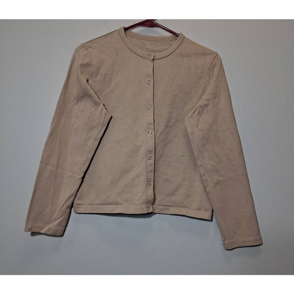 Muji womens small boxy tan longsleeve shirt cotton snap button minimalist